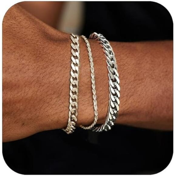 Mens Silver Cuban Chain Bracelet Set Stainless Steel Adjustable Waterproof - Picture 7 of 7